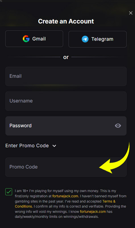How to put bonus code into Fortunejack